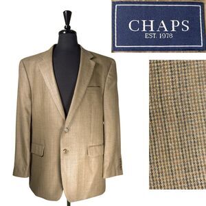 Chaps Ralph Lauren Mens 46R Beige Check Silk Wool Blazer Sport Coat Lined Jacket